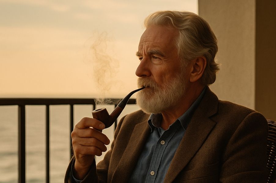 Elderly man with white hair and beard smoking a tobacco pipe on a seaside balcony at sunset.
